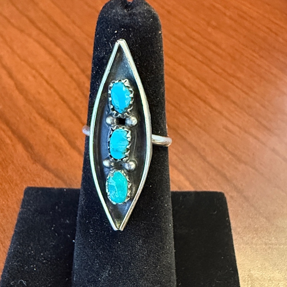 Vintage Zuni 3 Nugget Turquoise 925 Sterling Silver Shadowbox Ring Sz 5.5